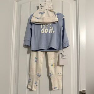 Great Nike infant size 6 mo blue dream logo outfit 3 pc set shirt pants hat
